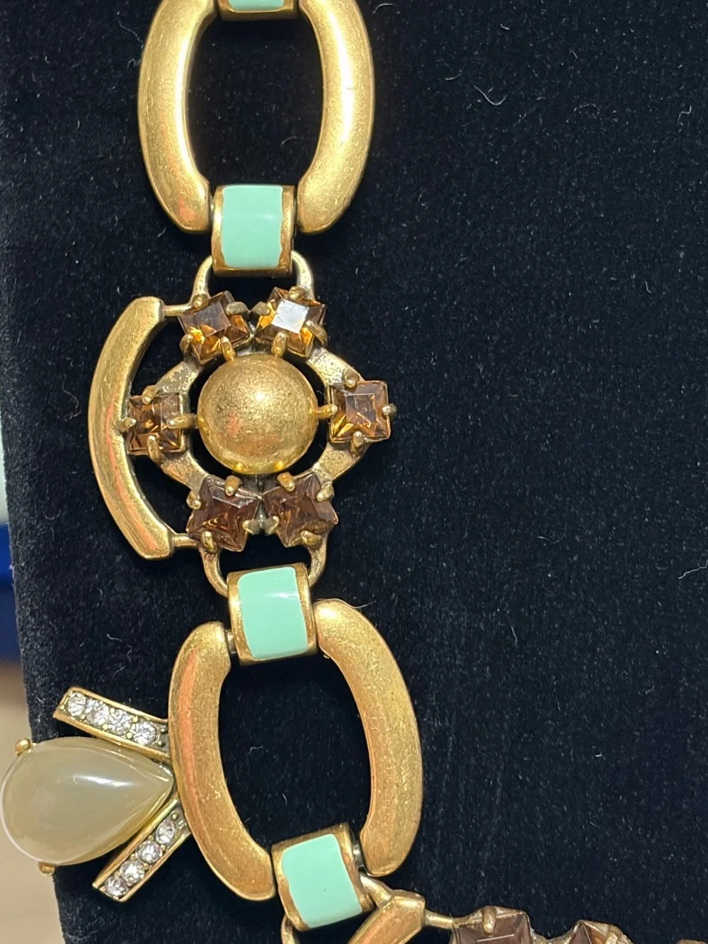 Stella & Dot Necklace Livvy Agate Green Brown Rhinestones Gold Tone Chain 24”